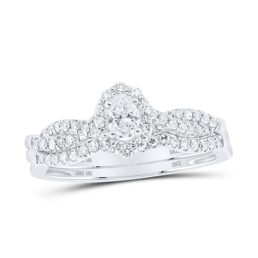 Oval Diamond Solitaire Halo Bridal Wedding Ring Band Set Blue Sapphire 10k Gold