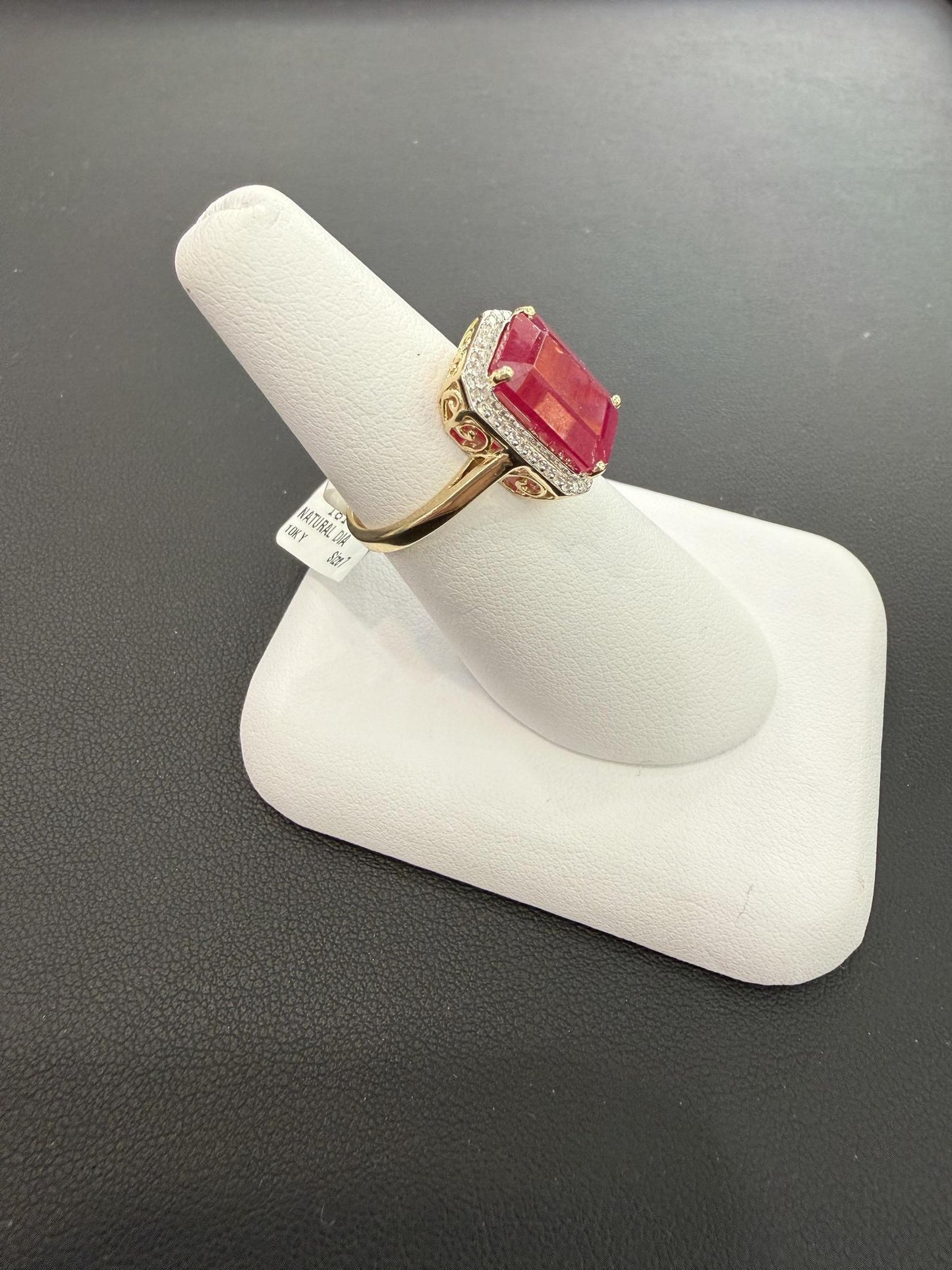 Simulated Ruby Diamond 10K Gold Halo Cocktail Ring