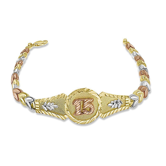 Quinceanera 15 Years Birthday Bracelet 10k Tri Color Gold 7 inch