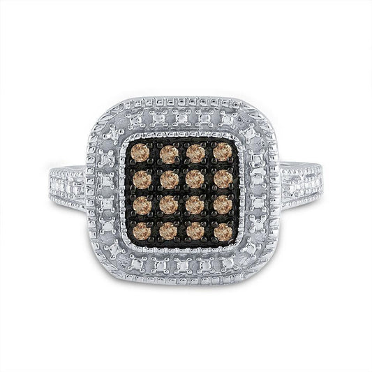 0.19ctw Natural Brown Diamond Square Cluster Womens Ring 925 Sterling Silver