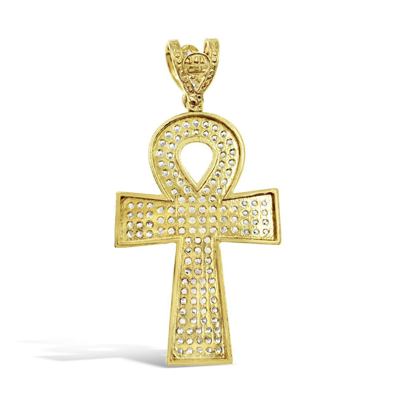14k Gold Ankh Cross Pendant CZ Iced Out Egyptian Life Symbol Charm 1.8 inch