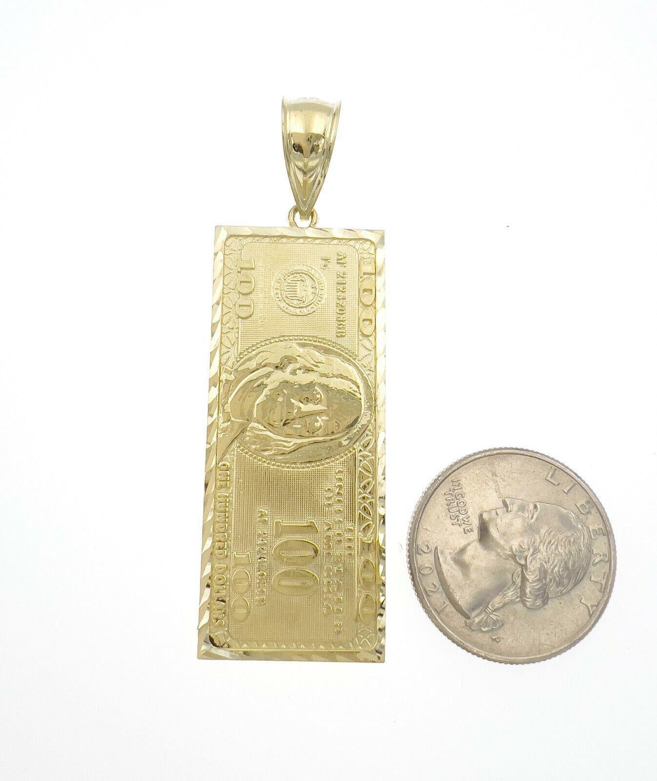 Money Bill $100 Dollar Solid Pendant 10k Yellow Gold Men Charm 2.6"