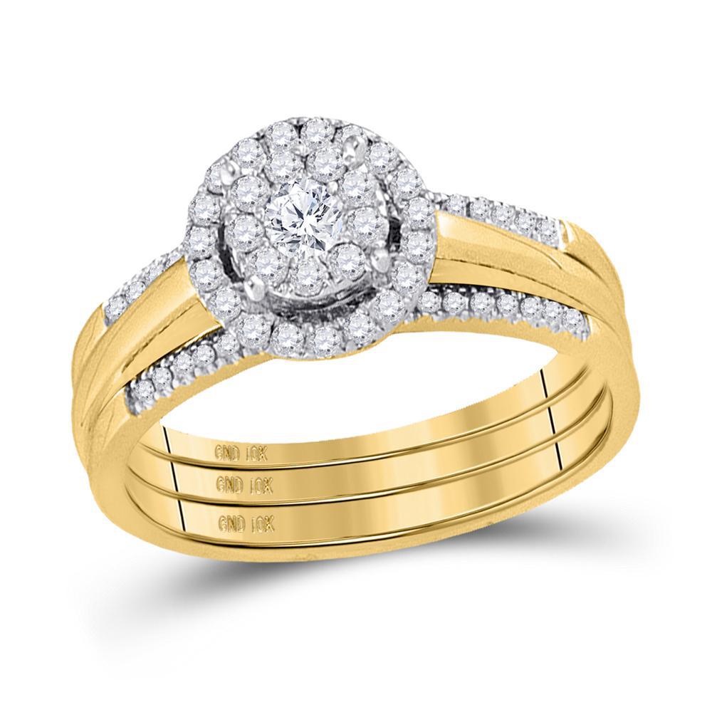 0.50Ctw Diamond Round Cluster 3-Piece Wedding Ring Band Set 10k Yellow Gold