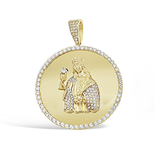 14K Yellow Gold Saint Barbara Medallion Mens Pendant CZ Religious Charm 1.8 inch