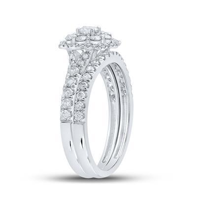 1 Cttw Round Diamond Flower Cluster Bridal Wedding Ring Band Set 10k White Gold