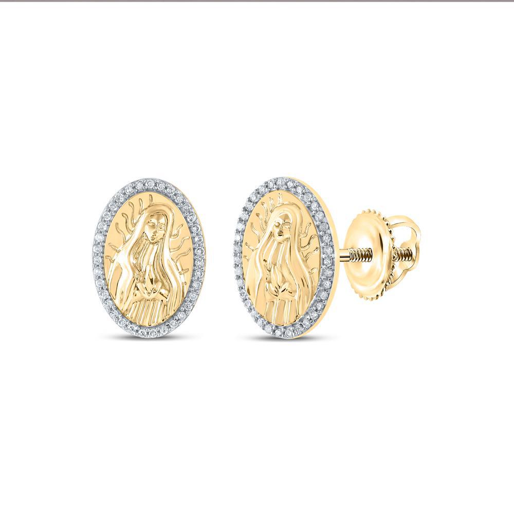 Diamond Guadalupe Virgin Mary Stud Earrings 10k Yellow Gold Oval 0.20cttw