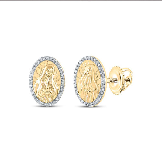 Diamond Guadalupe Virgin Mary Stud Earrings 10k Yellow Gold Oval 0.20cttw