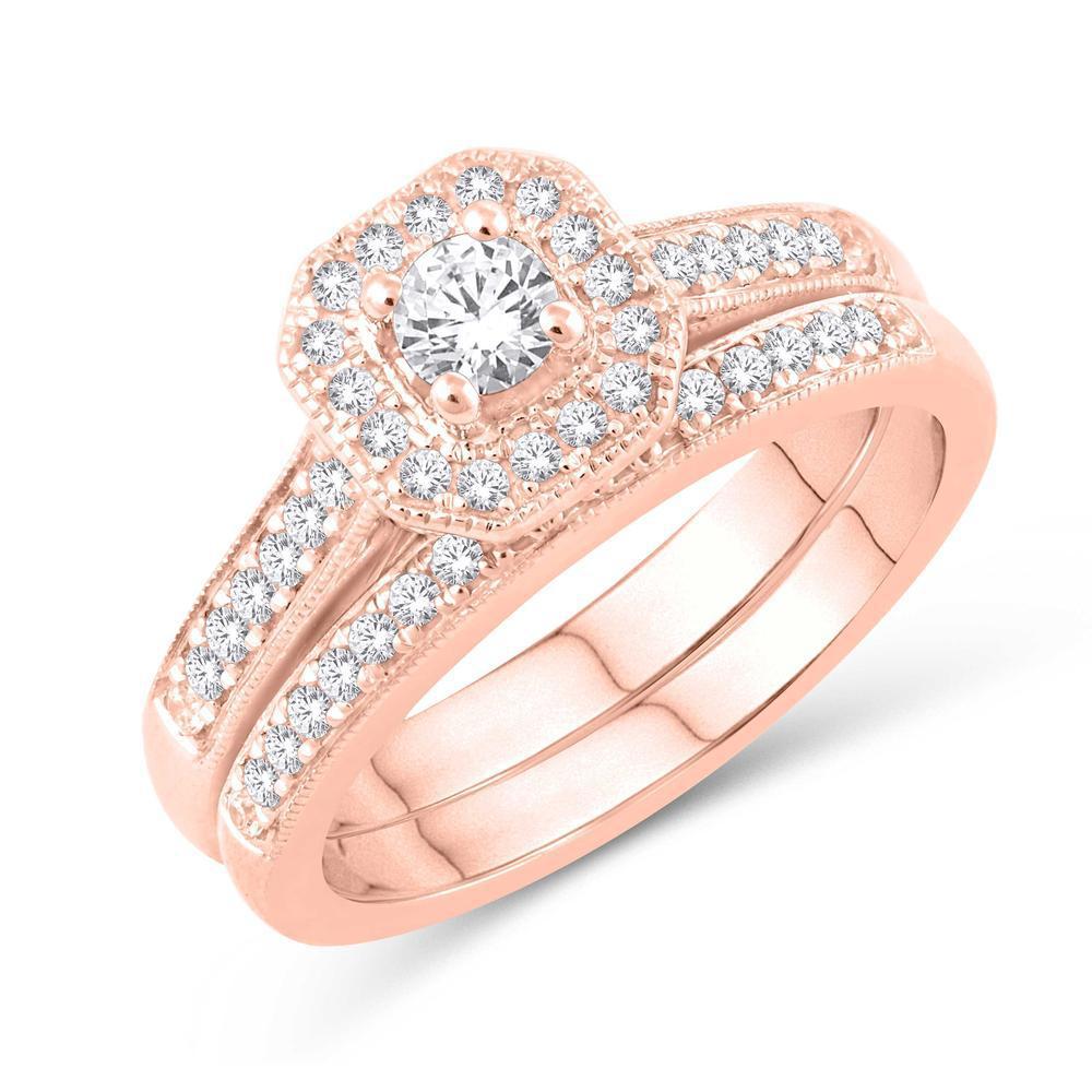 0.50cttw Round Diamond Cushion Ring Set 14k Rose Gold Engagement Wedding Bridal