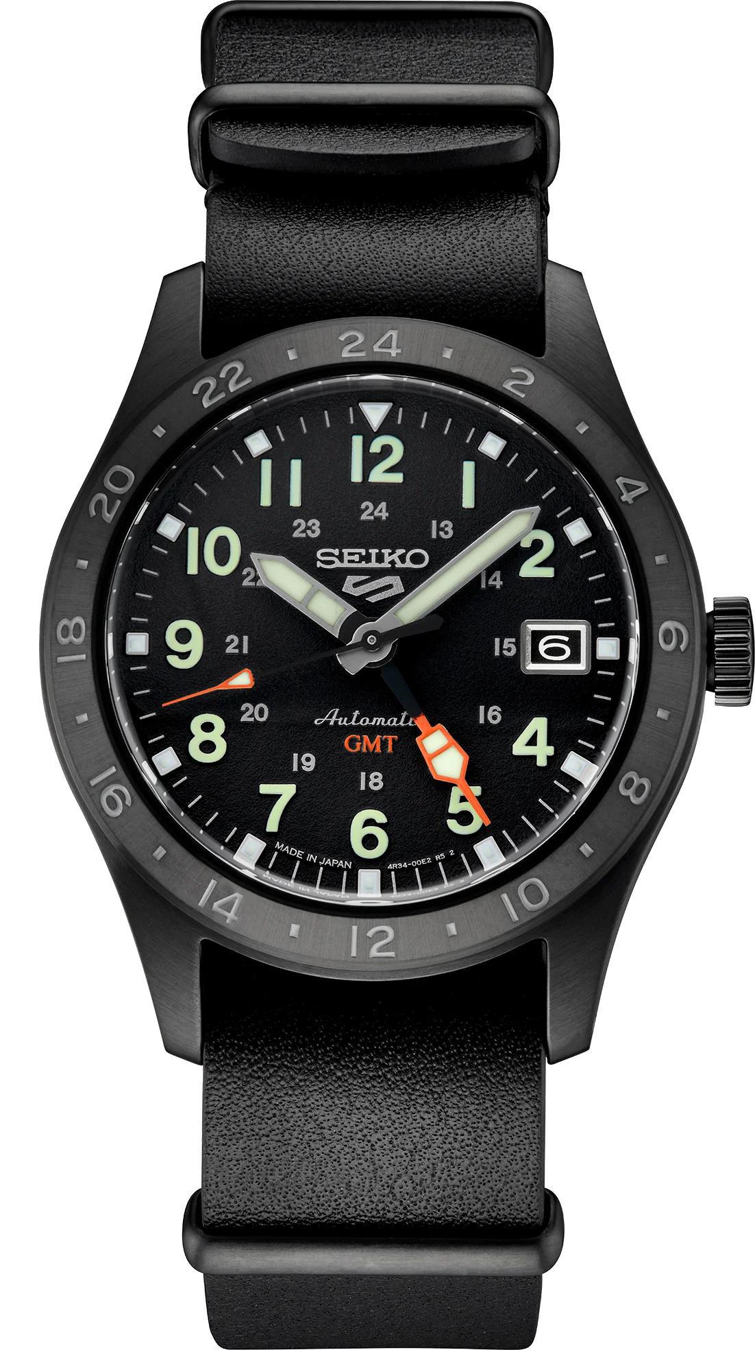 Seiko 5 Sports Field GMT Series Black Dial Leather Strap Watch SSK025