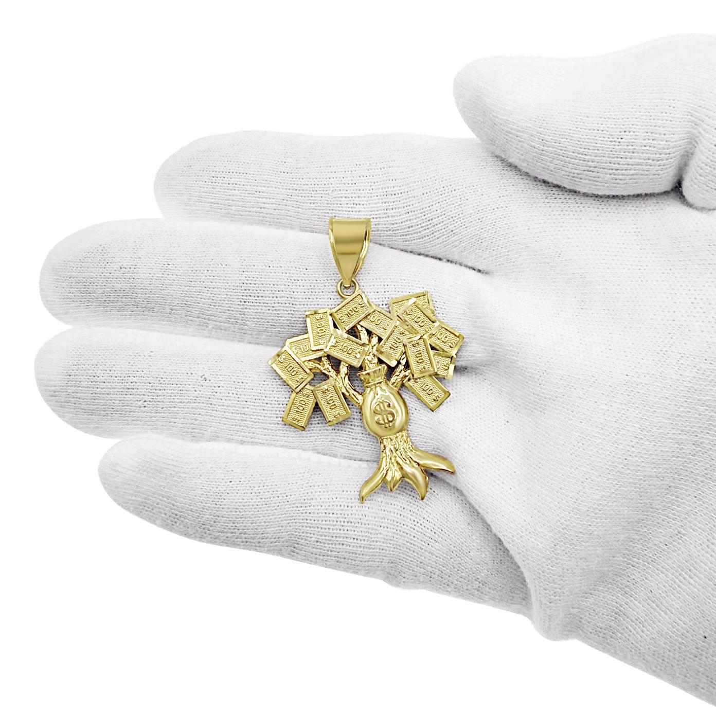 10K Yellow Gold Money Tree Pendant Mens Wealth Charm