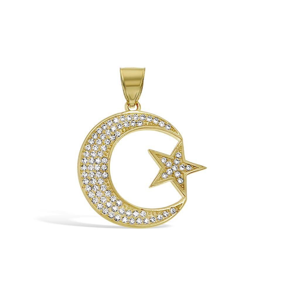 Moon Star Islamic Muslim Pendant 10k Yellow Gold Cz Charm 1.2"