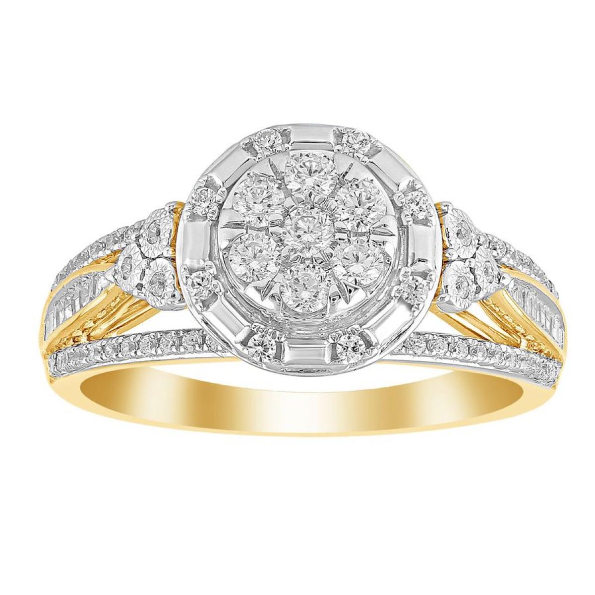 0.50ctw Baguette Diamond Round Cluster Engagement Ring 10k Yellow Gold