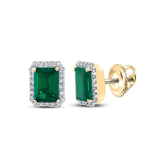 Natural Diamond & Simulated Emerald Halo Stud Earrings 10K Yellow Gold