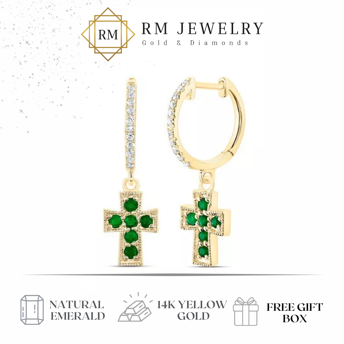 Natural Green Emerald & Diamond Cross Hoop Dangle Earrings 14k Yellow Gold