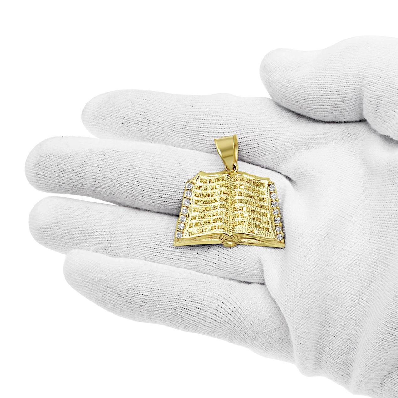 Holy Bible Praying Book Pendant CZ Charm 10k Yellow Gold 1.2 inch