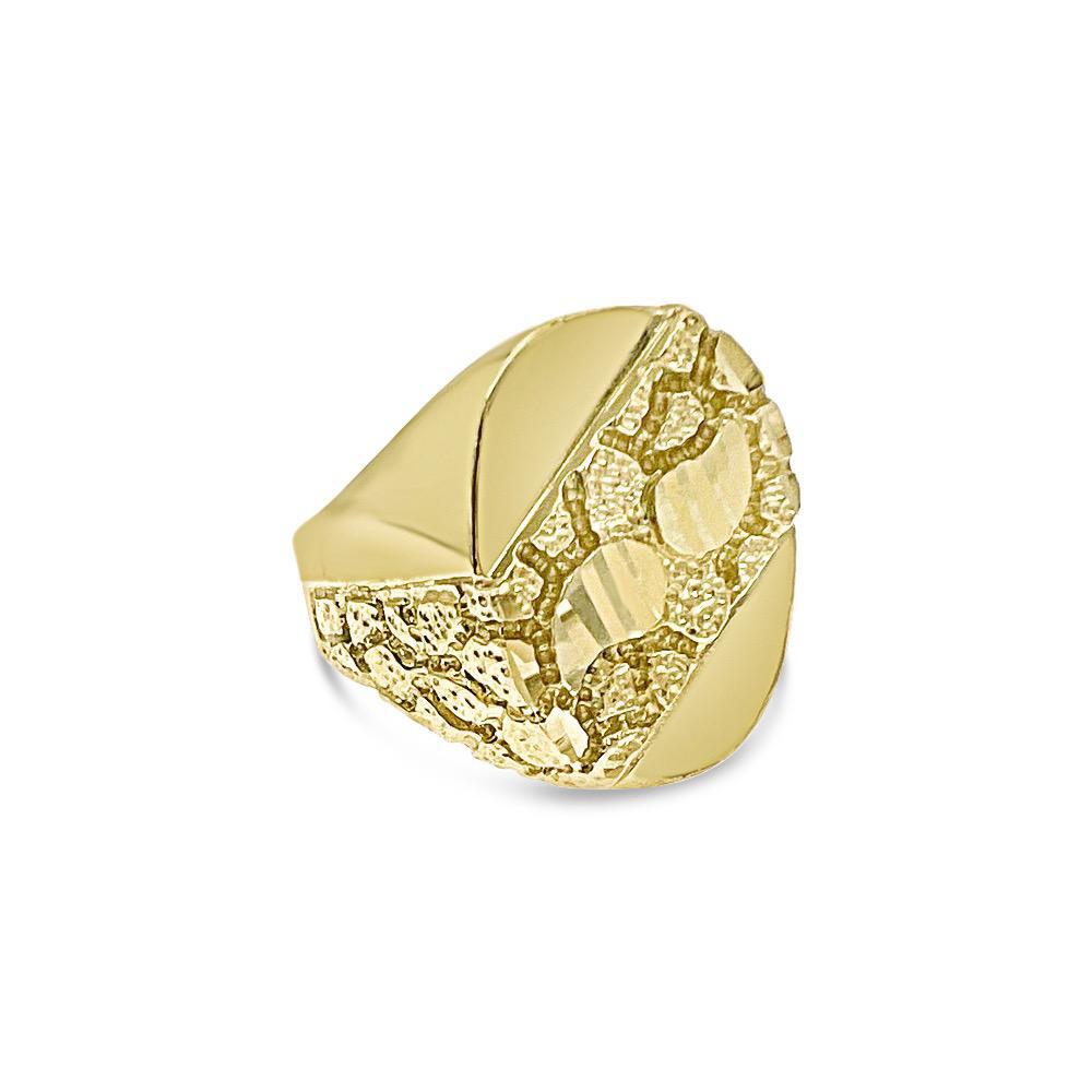10K Yellow Gold Mens Nugget Signet Ring Pinky Oval Textured Statement Band