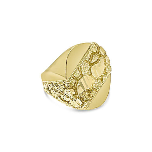 10K Yellow Gold Mens Nugget Signet Ring Pinky Oval Textured Statement Band