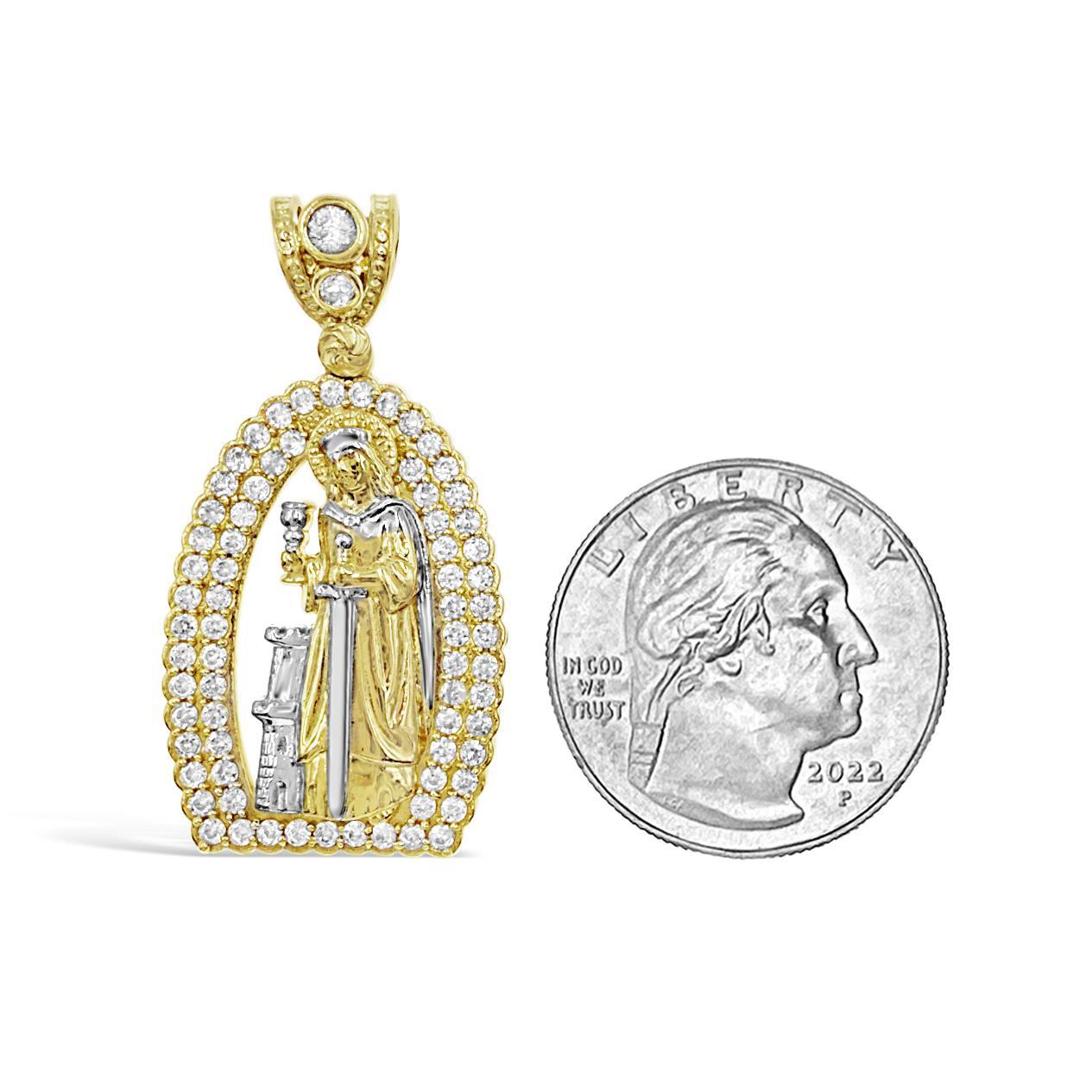 14K Yellow White Gold Saint Barbara Pendant CZ Religious Mens Charm 1.5 inch