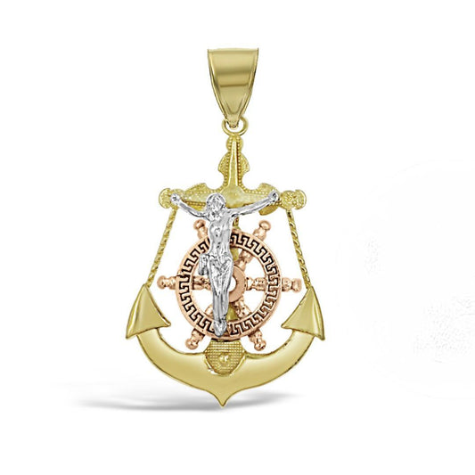 Anchor Jesus Crucifix Cross Mens Pendant 10k Tri Color Gold Charm 1.5 inch