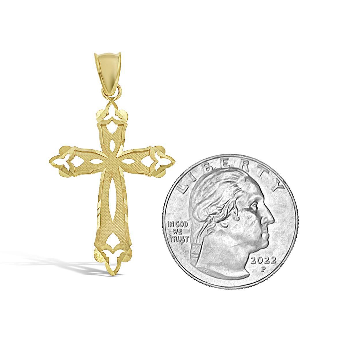 Cross Pendant Diamond Cut 10k Yellow Gold Charm 1.6"