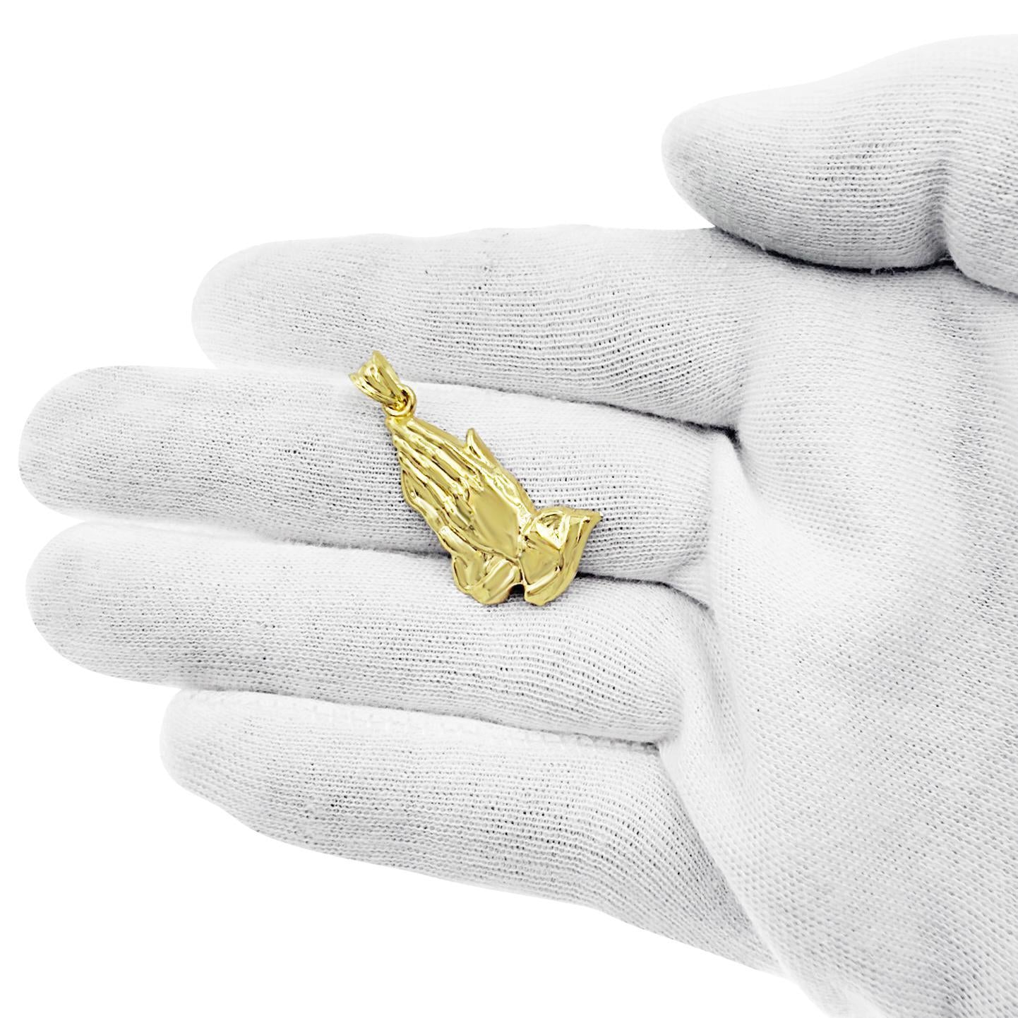 10K Yellow Gold Praying Hands Pendant Mens Charm 1.2 in