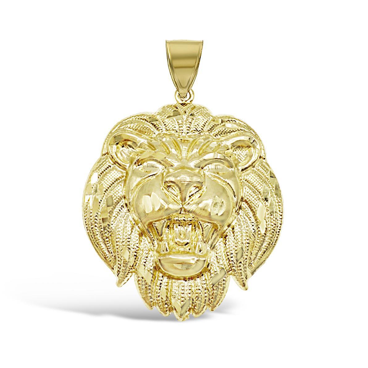 Lion Head Pendant Mens Charm 10K Yellow Gold 1.9 Inch
