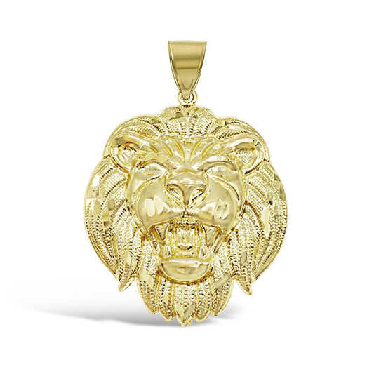 Lion Head Pendant Mens Charm 10K Yellow Gold 1.9 Inch