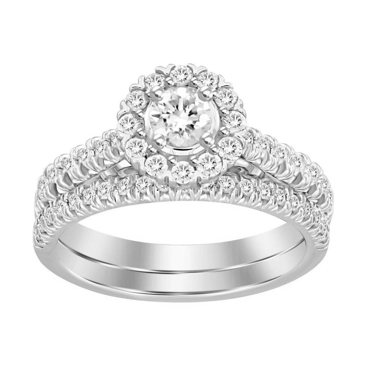 1 Cttw Round Diamond Halo Bridal Wedding Ring Band Set 14k White Gold