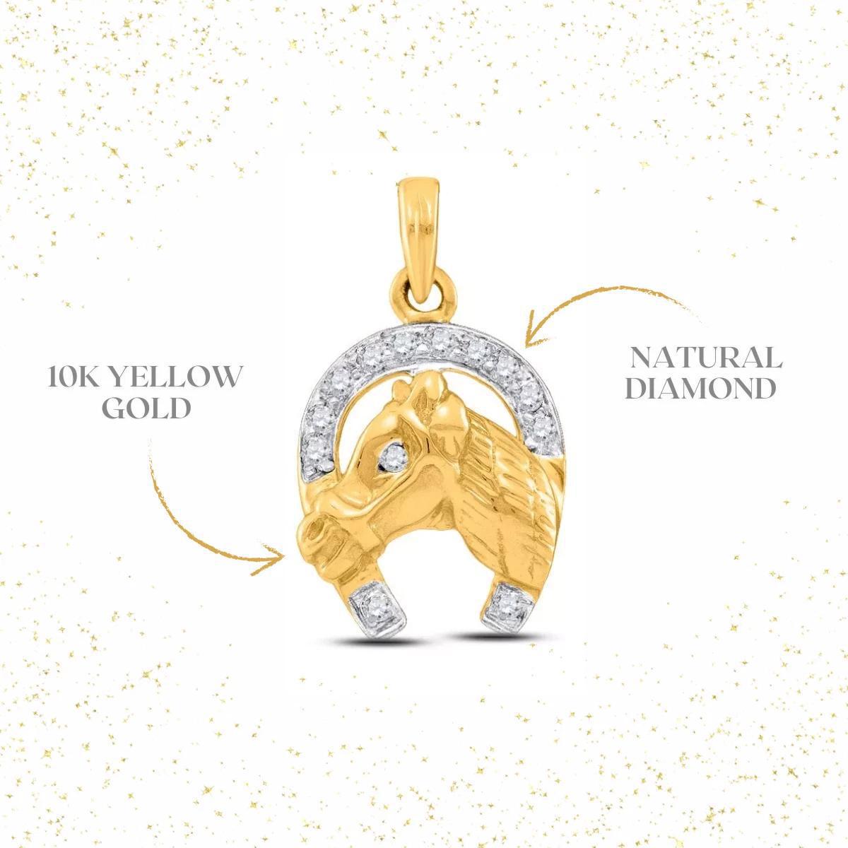 Diamond Lucky Horseshoe Horse Head Charm Pendant 10k Yellow Gold Mens