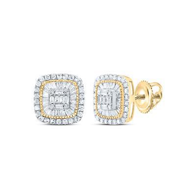 0.62ctw Baguette Diamond Cushion Cluster Stud Earrings 10k Gold Screw Back
