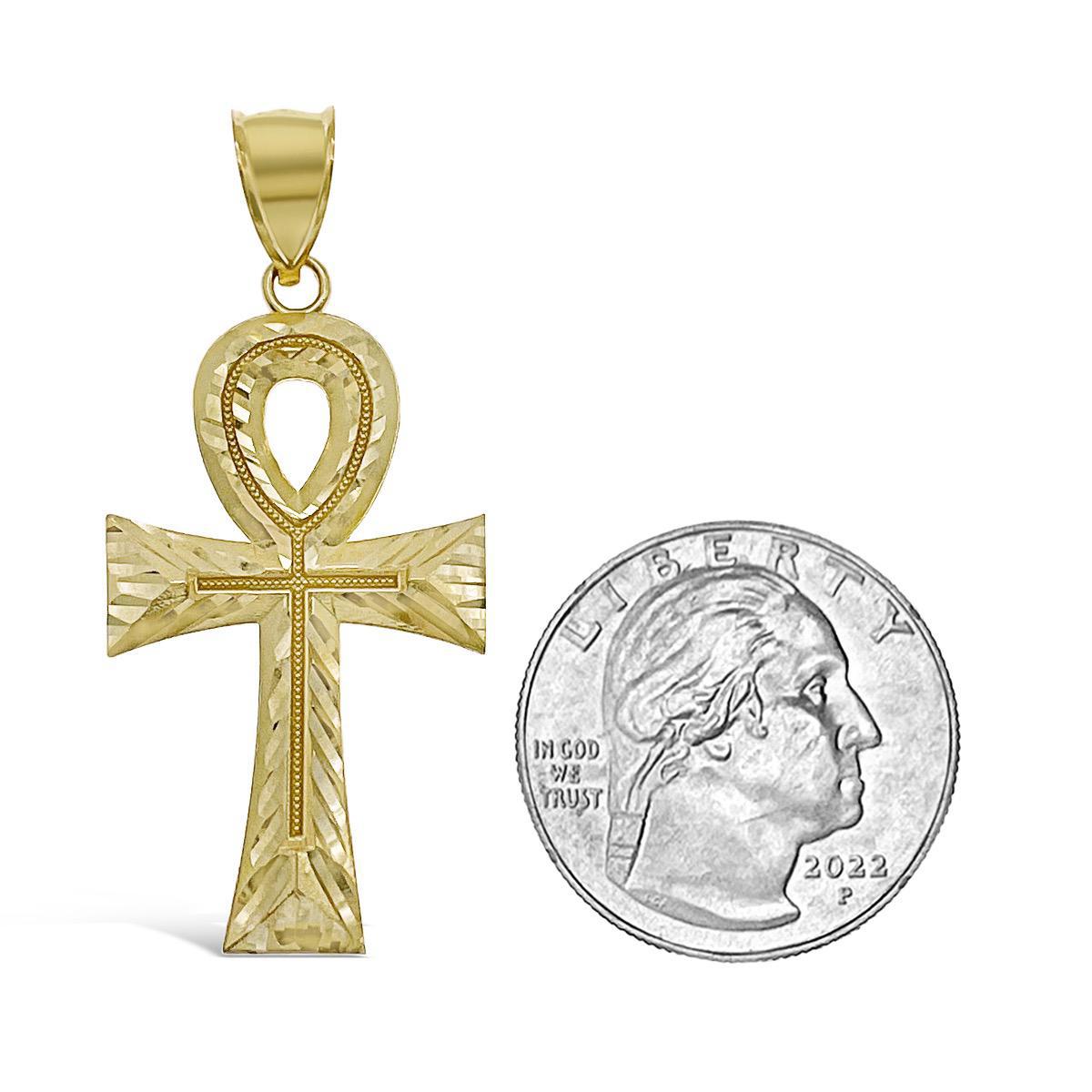 Egyptian Ankh Cross Pendant 10k Yellow Gold Charm 1.8"