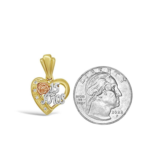 Pendant 10K Tri Color Gold CZ Heart Charm 0.9"
