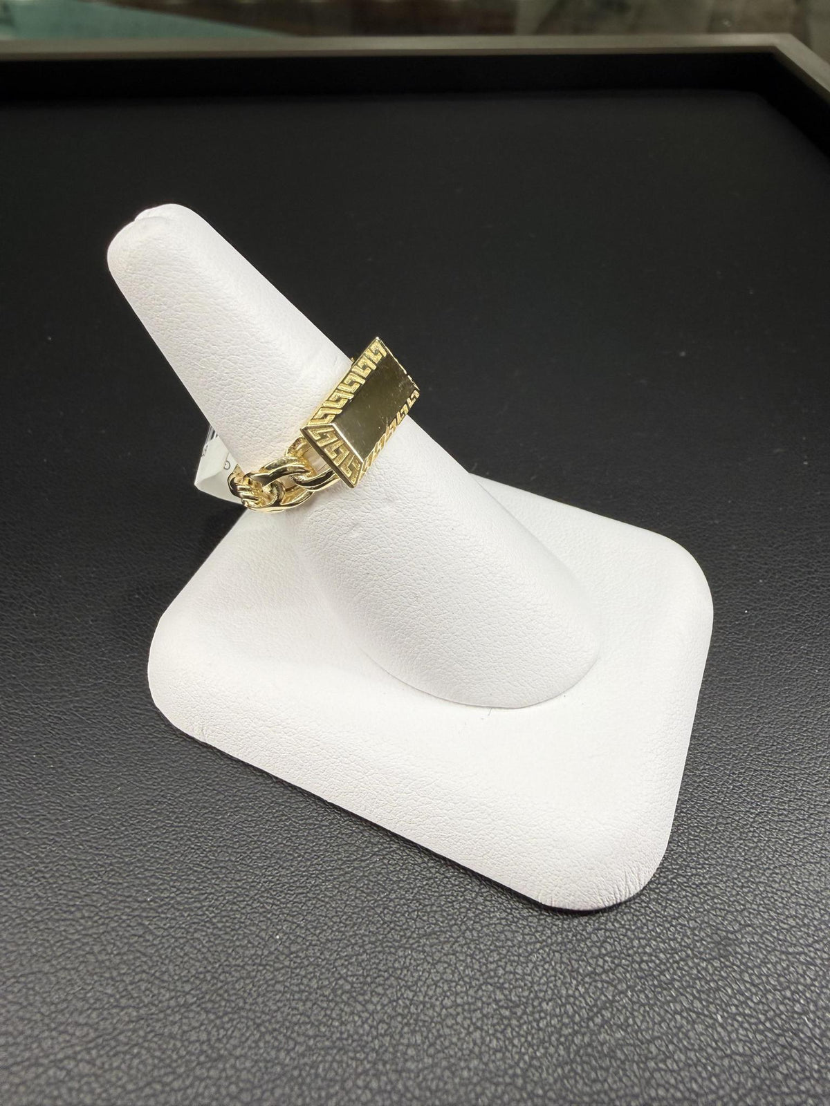 10K Yellow Gold Cuban Link Greek Key Signet Ring