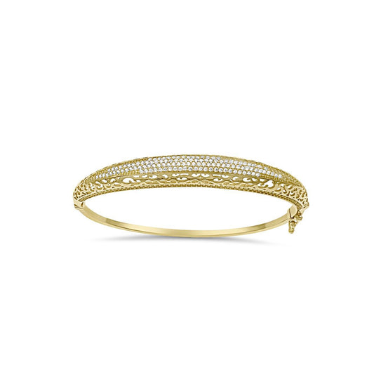 14K Yellow Gold Pave Filigree Hinged Bangle Bracelet