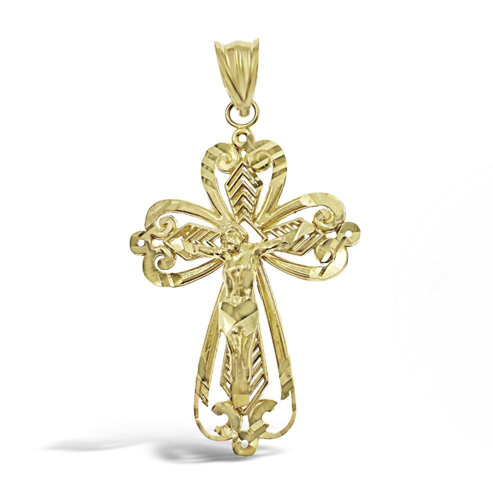Cross Jesus Crucifix Pendant 10k Yellow Gold Charm Diamond Cut 1.4 inch