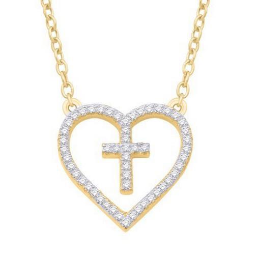 Gold necklace with a heart-shaped pendant featuring a cross design on a white background