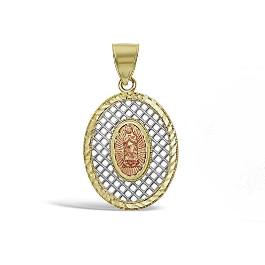 14K Tri Color Gold Virgin Mary Oval Pendant