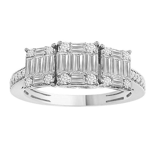 1.15cttw Baguette Diamond Three Square Cluster Womens Ring 14k White Gold