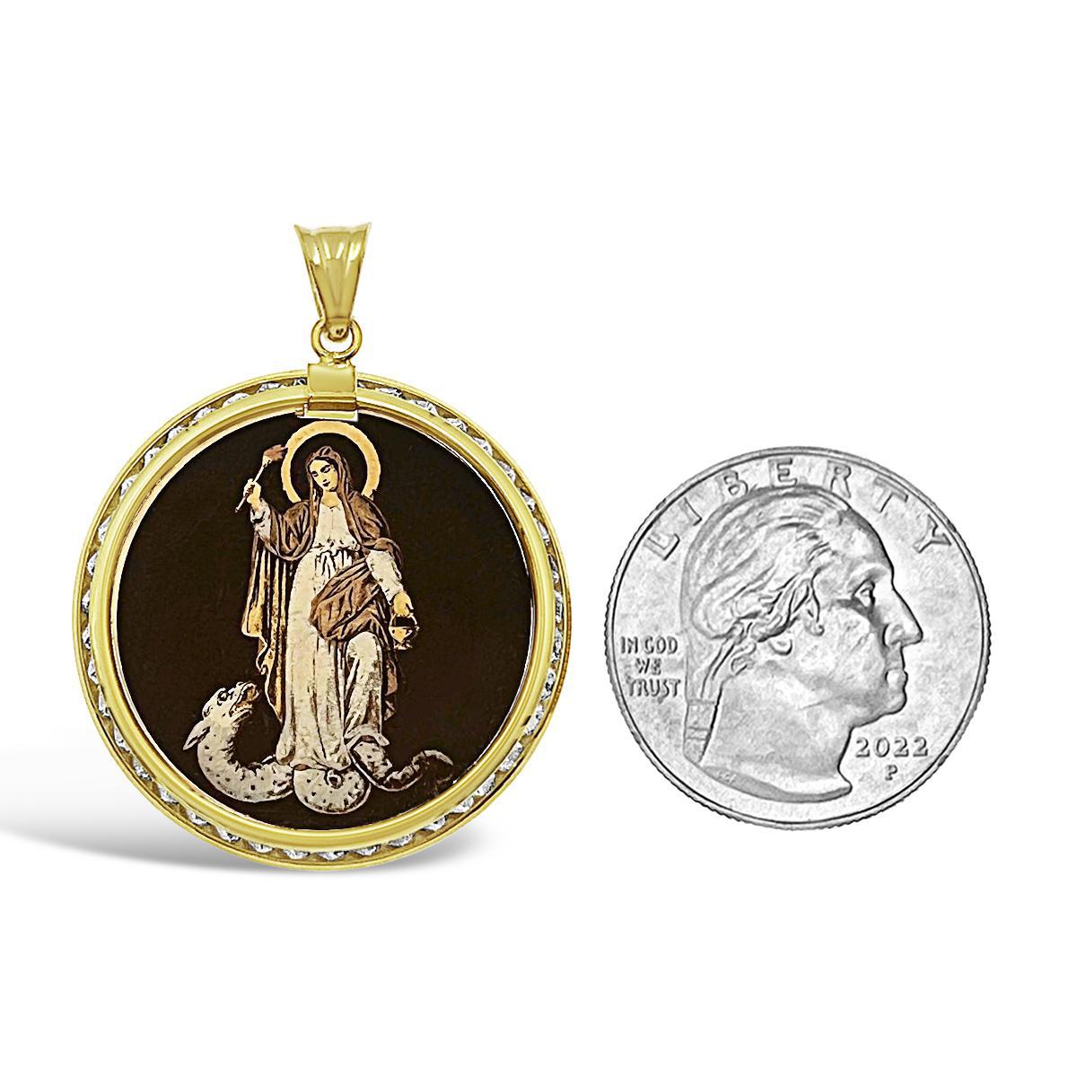 14k Gold Virgin Mary Lady Guadalupe Serpent Snake Pendant Round Charm 1.6 inch