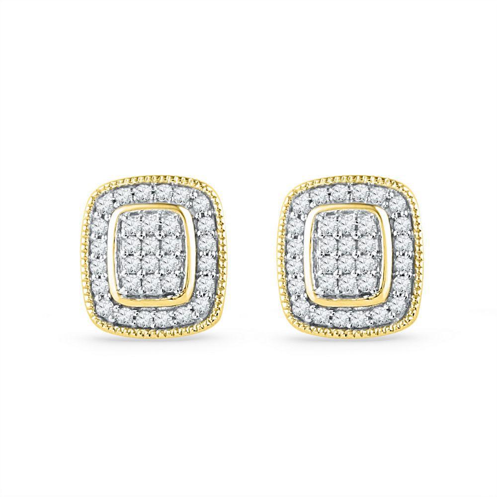 0.25cttw Diamond Square Cluster Stud Cushion Earrings 10k Gold Screw Back