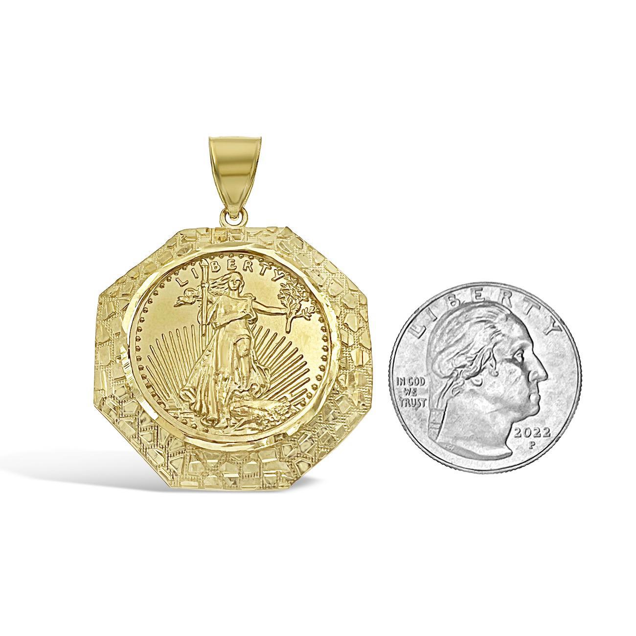 10k Gold Solid Liberty 20 Dollar Coin Pendant with Nugget Bezel