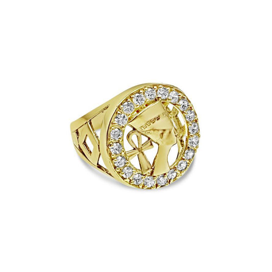 10K Yellow Gold Egyptian Queen Nefertiti Ankh Mens Signet Ring Round