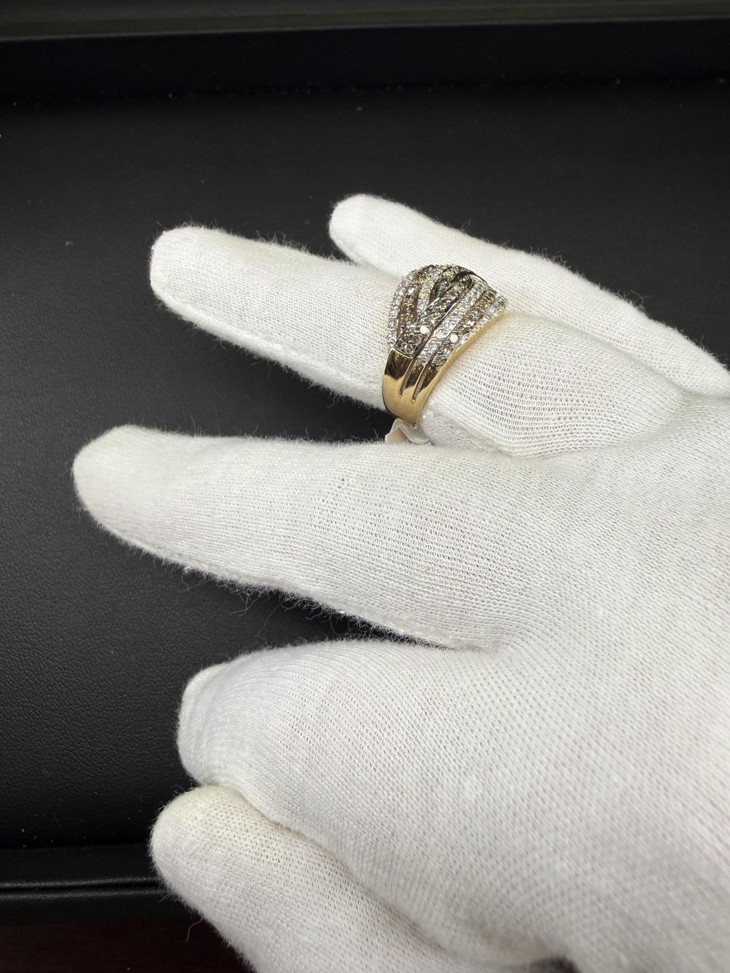 1ctw Diamond Multi Row Crossover Ring 10K Yellow Gold