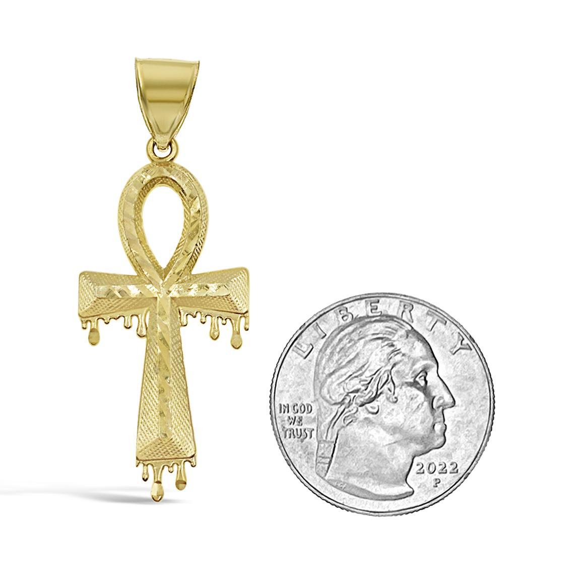 10K Yellow Gold Egyptian Ankh Cross Pendant Dripping Design