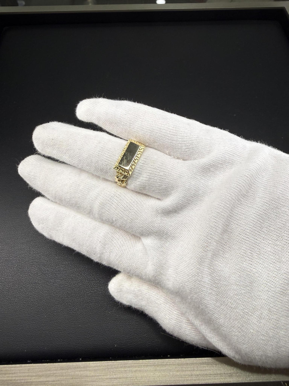 10K Yellow Gold Cuban Link Greek Key Signet Ring