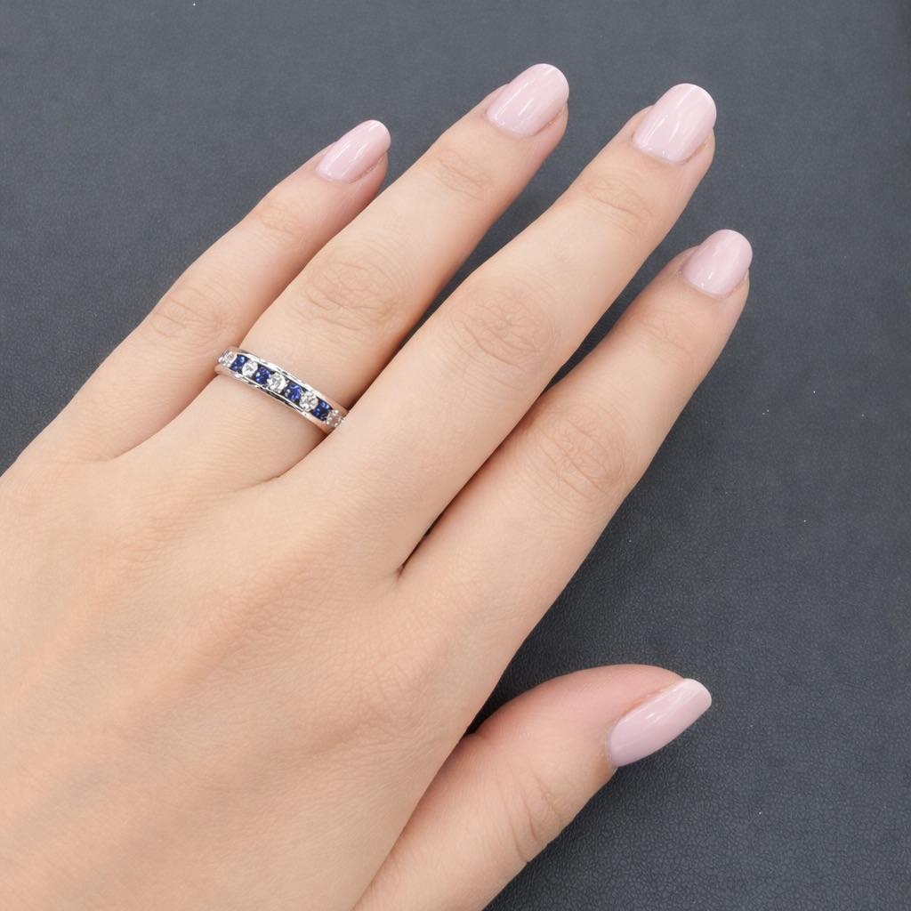 Blue Sapphire Diamond Channel Band Ring 14K White Gold