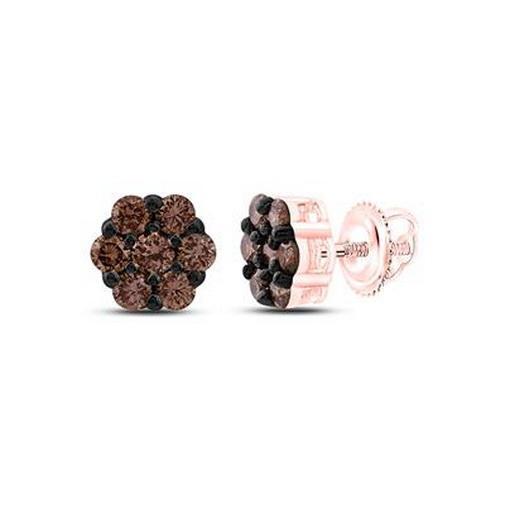 0.75ctw Cognac Black Diamond Flower Stud Earrings 10K Rose Gold Screw Back
