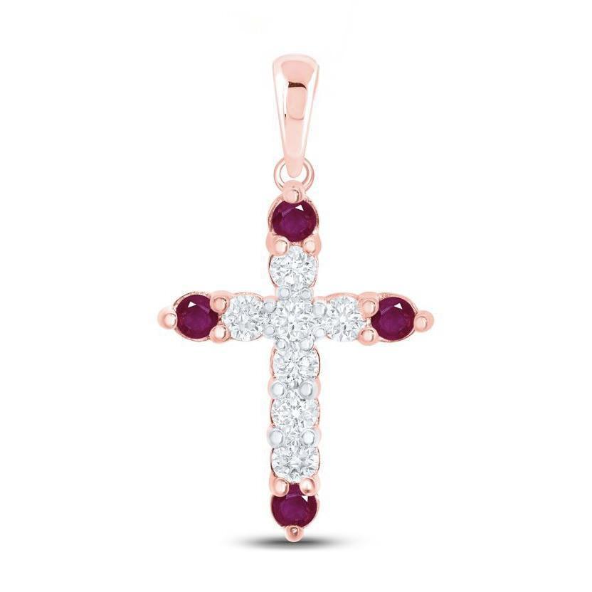Natural Ruby & Diamond Cross Pendant Charm 10k Rose Gold
