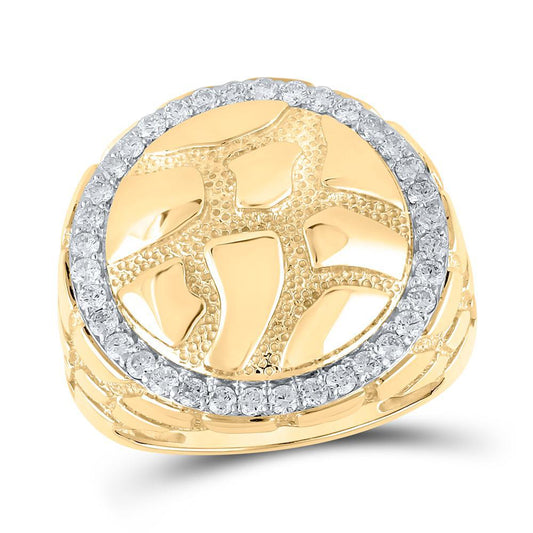 0.75Ctw Diamond Round Shape Nugget Mens Signet Ring 10k Yellow Gold