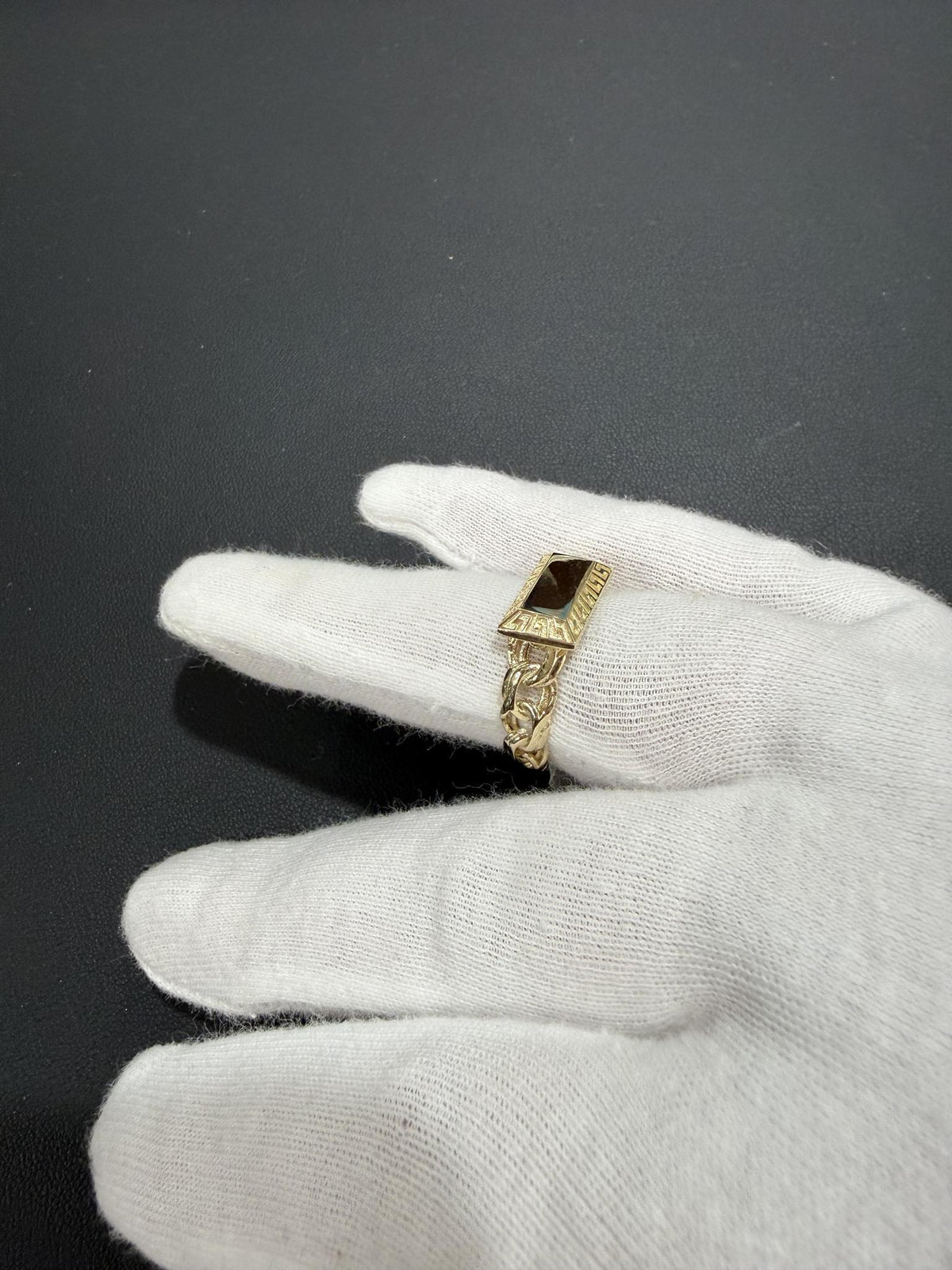 10K Yellow Gold Cuban Link Greek Key Signet Ring